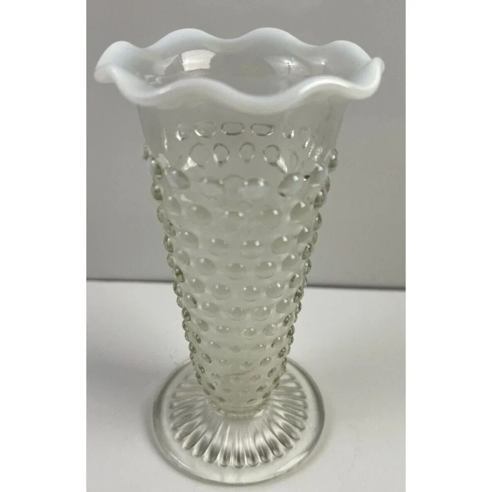 Anchor Hocking Moonstone Opalescent Hobnail Vintage Ruffled Flower Vase 5.75